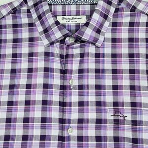 Tommy Bahama Men's Shirt XL Purple Plaid 100% Pima Cotton Long Sleeve Button Up